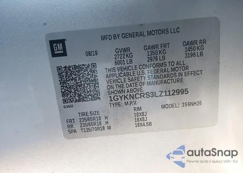 2020 Cadillac Xt5 Fwd Premium Luxury z USA, uszkodzony, nr VIN 1GYKNCRS3LZ112995